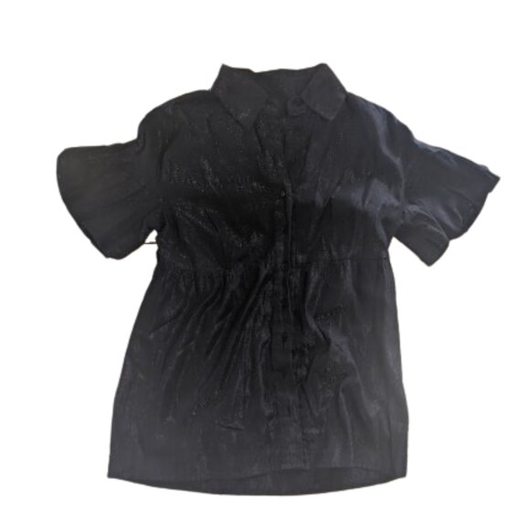Black Shimmery Blouse with Short Puffy Bouffant Sleeves Size Small - Picture 2 of 4